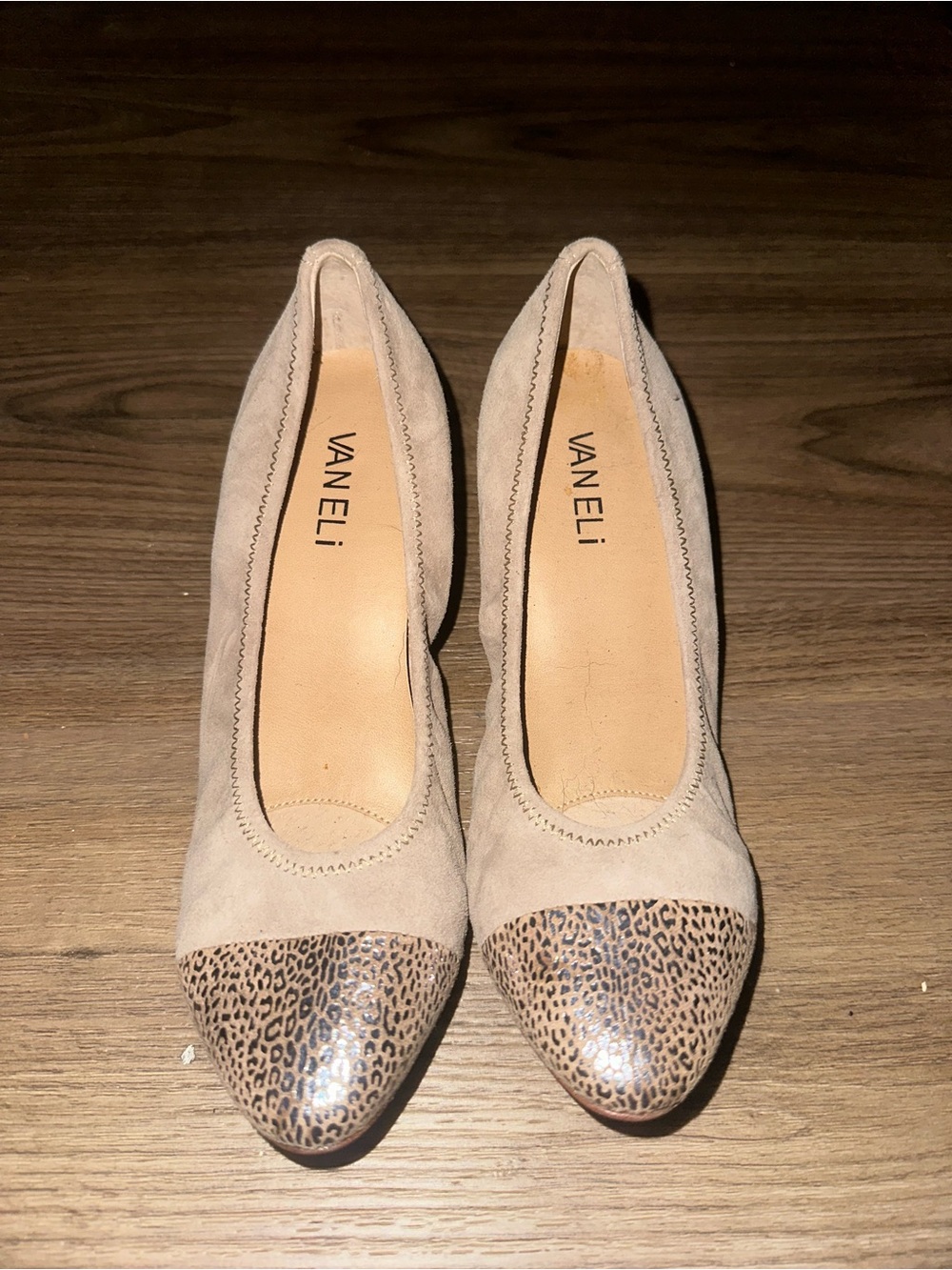 Vaneli Taupe Suede Pumps with Leopard Print Toe